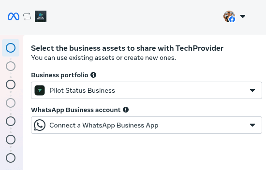 Diálogo do Embedded Signup da Meta, com os campos de portfólio de negócios e conta do WhatsApp Business