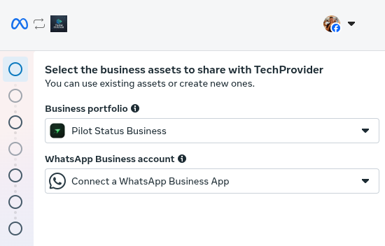 Diálogo do Embedded Signup da Meta, com os campos de portfólio de negócios e conta do WhatsApp Business